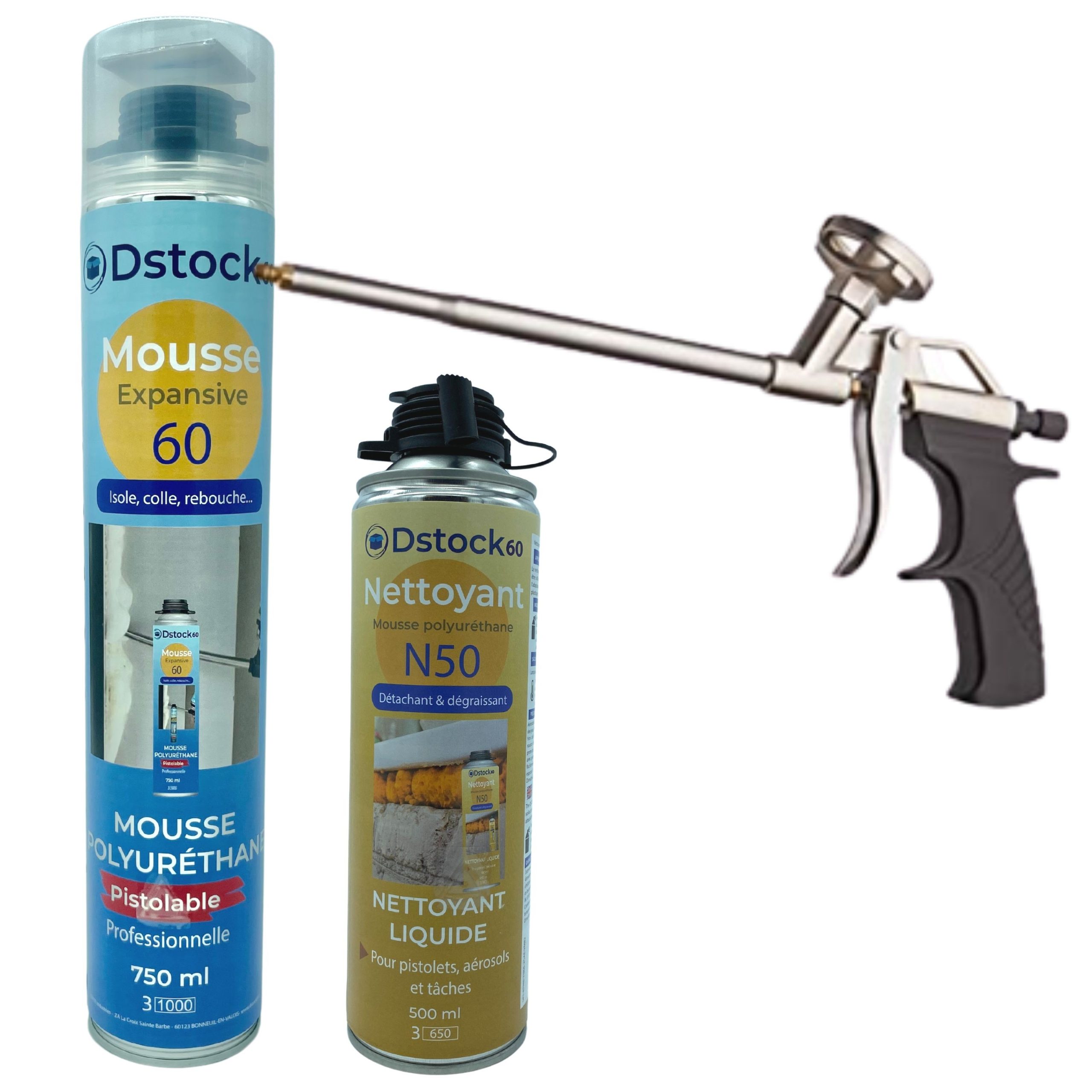 Mousse polyuréthane expansive 750ml + 1 pistolet + 1 nettoyant - Pack de mousse 1 mousse pistolable + 1 pistolet + 1 nettoyant